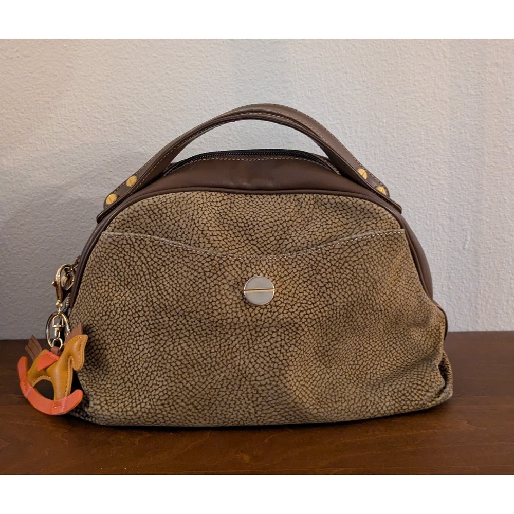 Borbonese Redwall OP Occhio di Pernice Print Satchel Brown Tan Suede Leather Bag